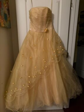 Jovani Satin Strapless Gown in Champagne Gold